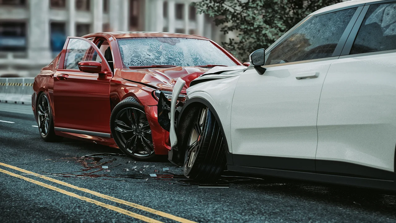 Two-car crash involving a red car and a white car.