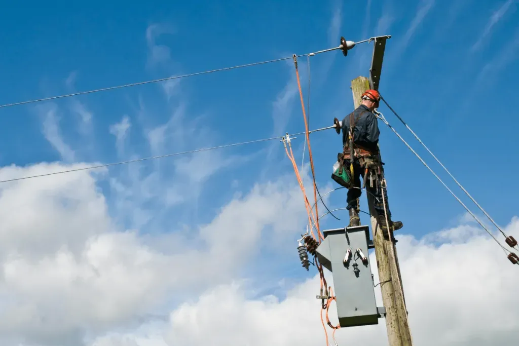 shows a utility worker wearing safety gear working on power lines and a transformer high up on a wooden utility pole against a partly cloudy blue sky.