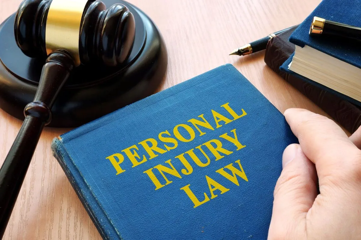 A hand rests on a blue book titled "Personal Injury Law" next to a wooden judge's gavel and a fountain pen.