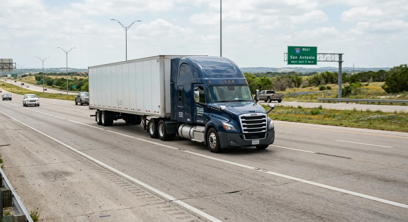A semi-truck drives along a highway with a green overhead sign indicating an exit for San Antonio.