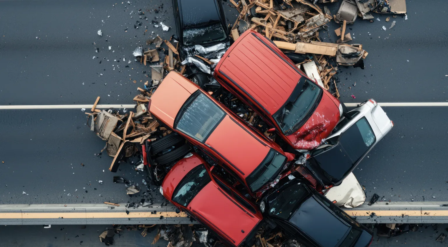 A multi-car pileup crash on a highway, with several damaged vehicles tightly packed together amidst shattered debris.
