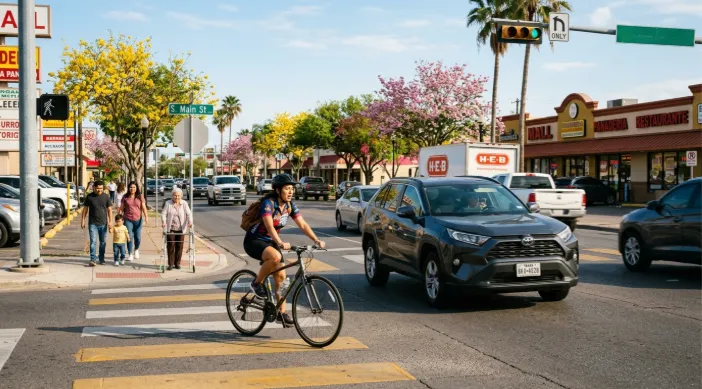 a cyclist rides across a marked crosswalk on a busy street lined with palm trees and businesses.